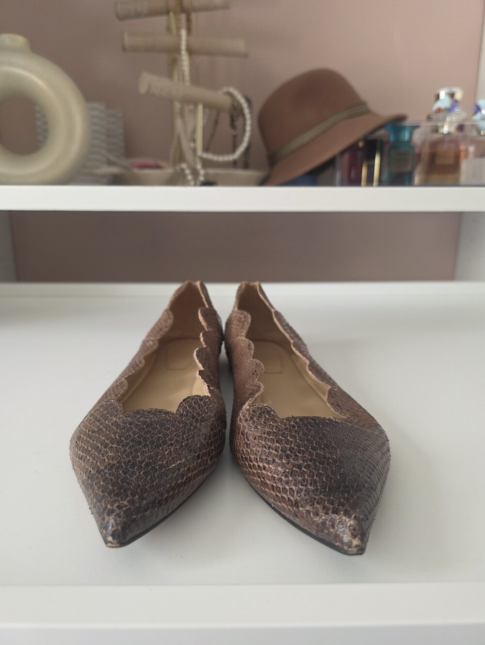 Chloe Brown Snake-Embossed Scalloped Pointed-Toe Flats
